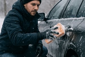 homme qui nettoie sa voiture avec une eponge